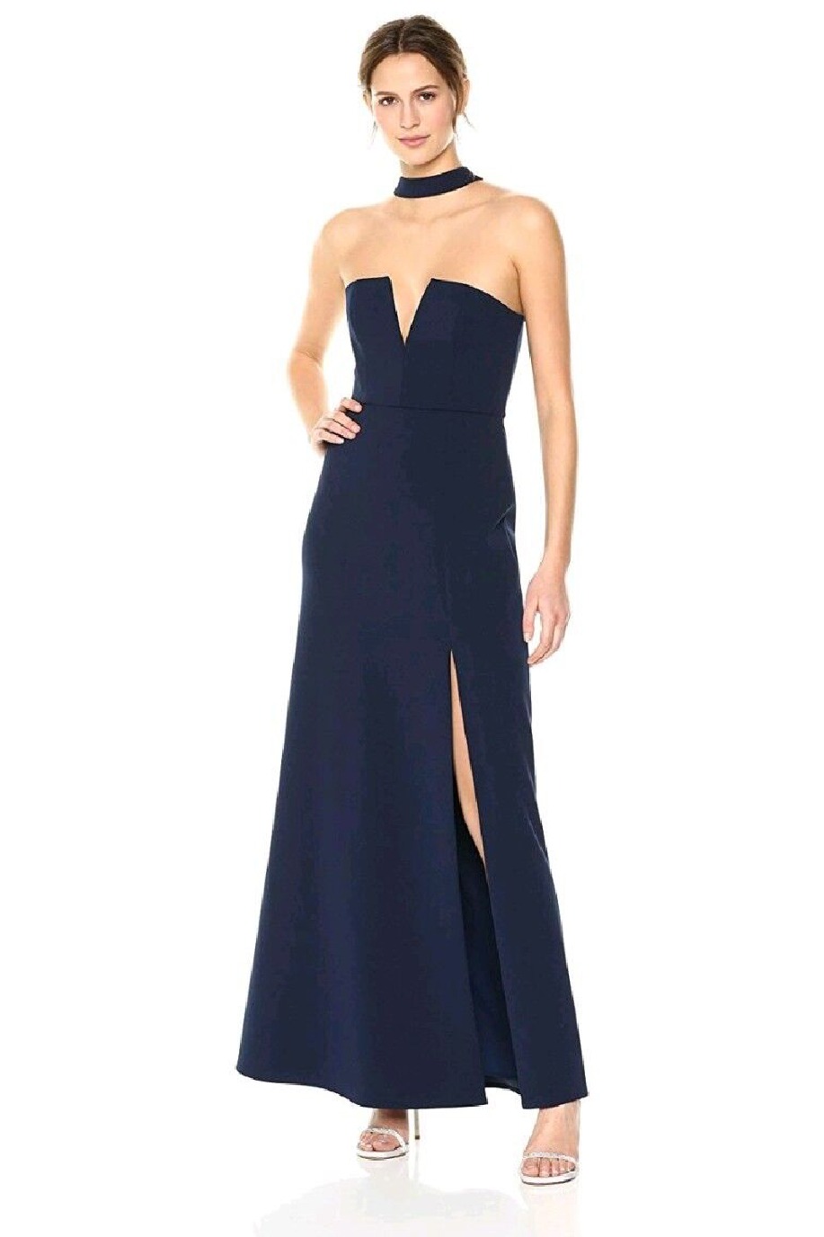 Notched v discount strapless gown bcbg