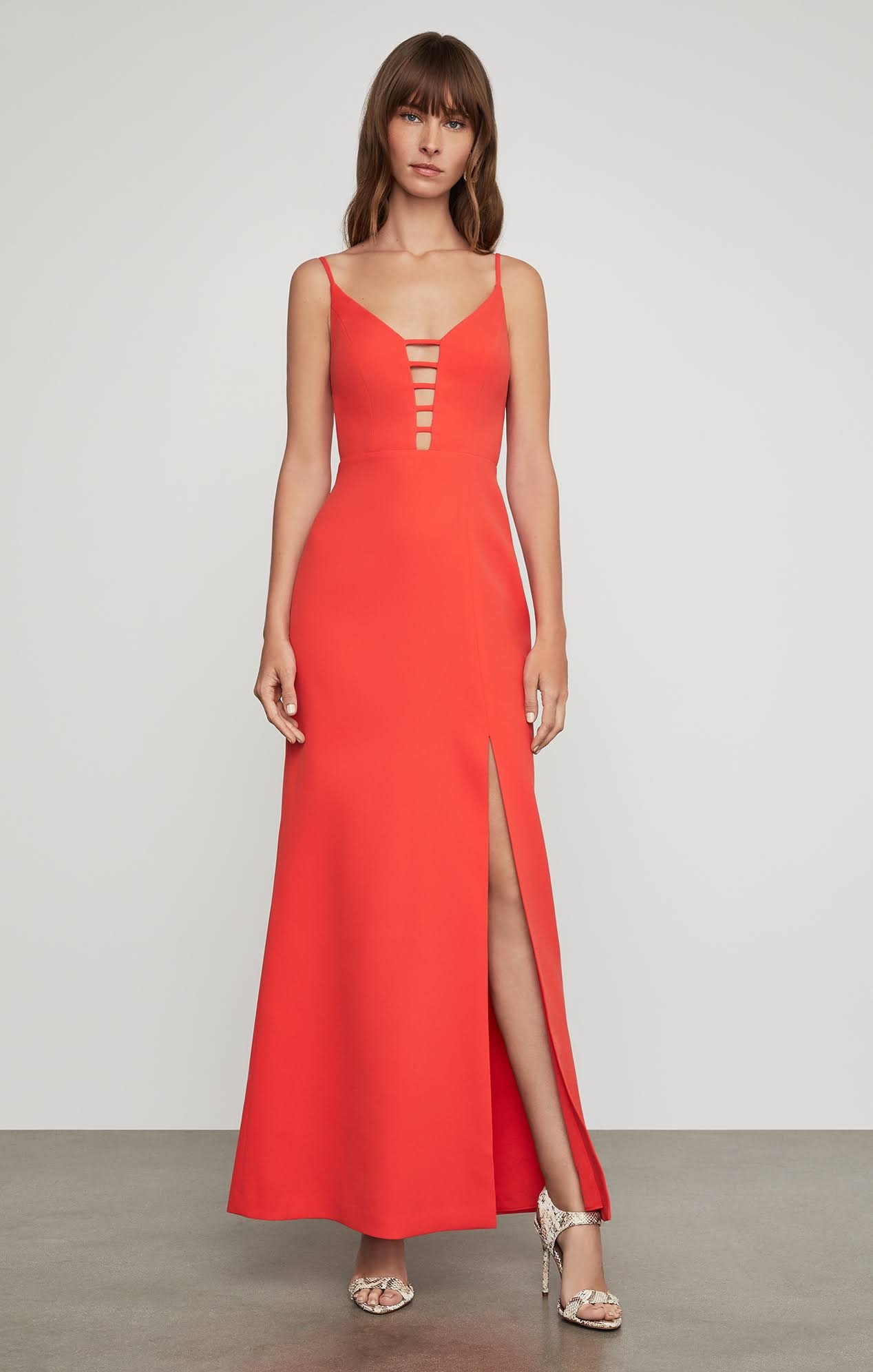 Bcbg draped ruffle discount and lace gown