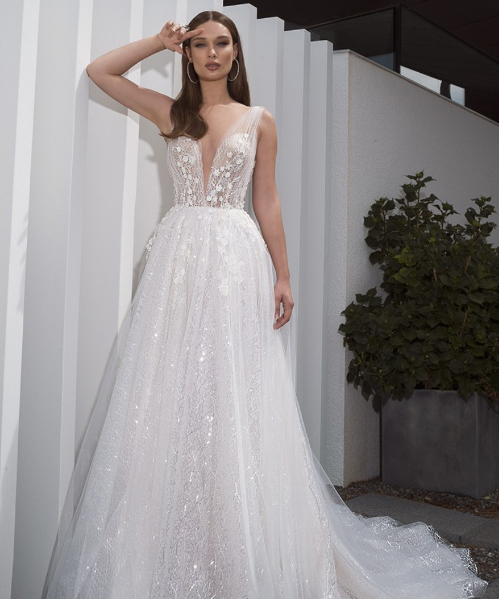 Kacey – Floral Appliqué Plunge A-Line Wedding Gown