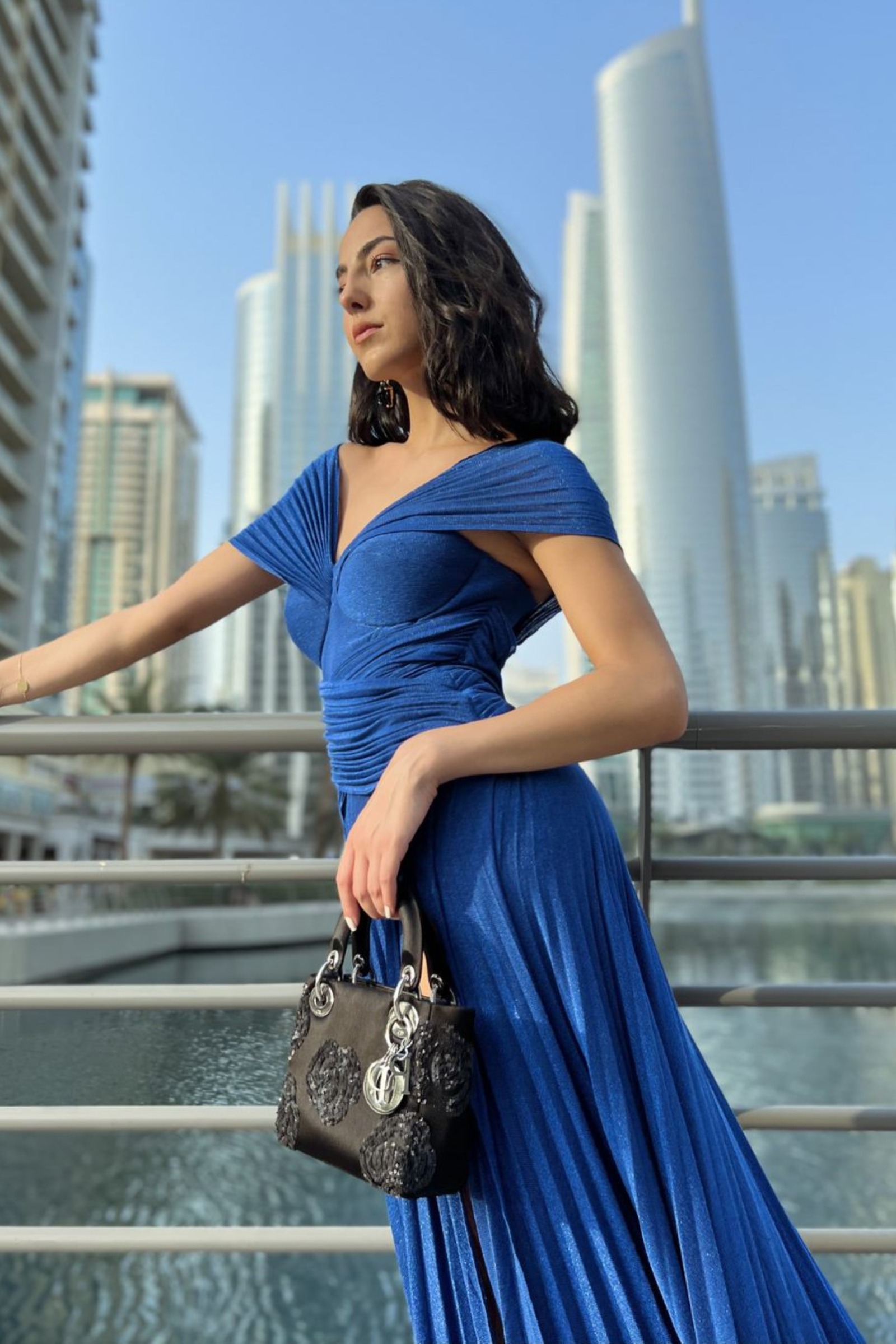Rent ELISABETTA FRANCHI Off Shoulder Slit Pleated Dress in Dubai Designer 24