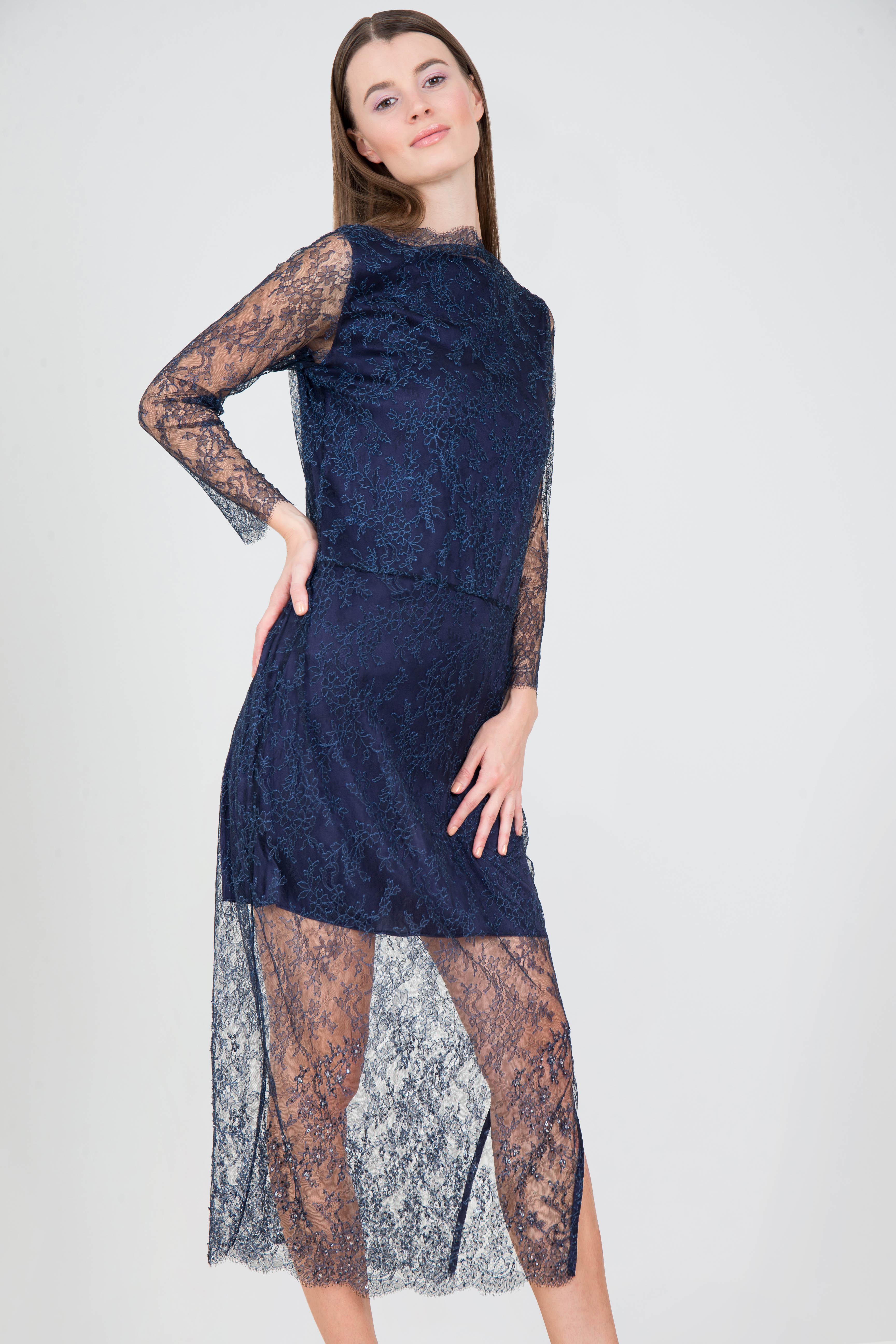 Marina long shop sleeve lace gown