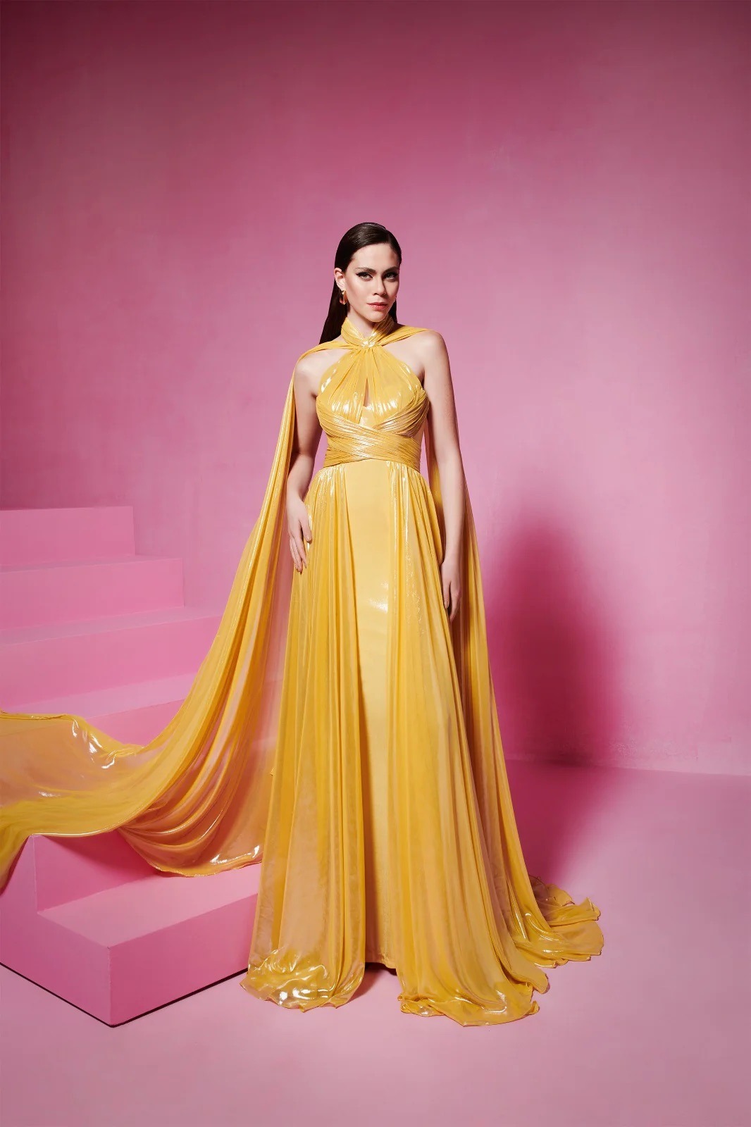 Rent FOUAD SARKIS Halter-Neck Metallic Flowy Gown in Dubai - Designer 24