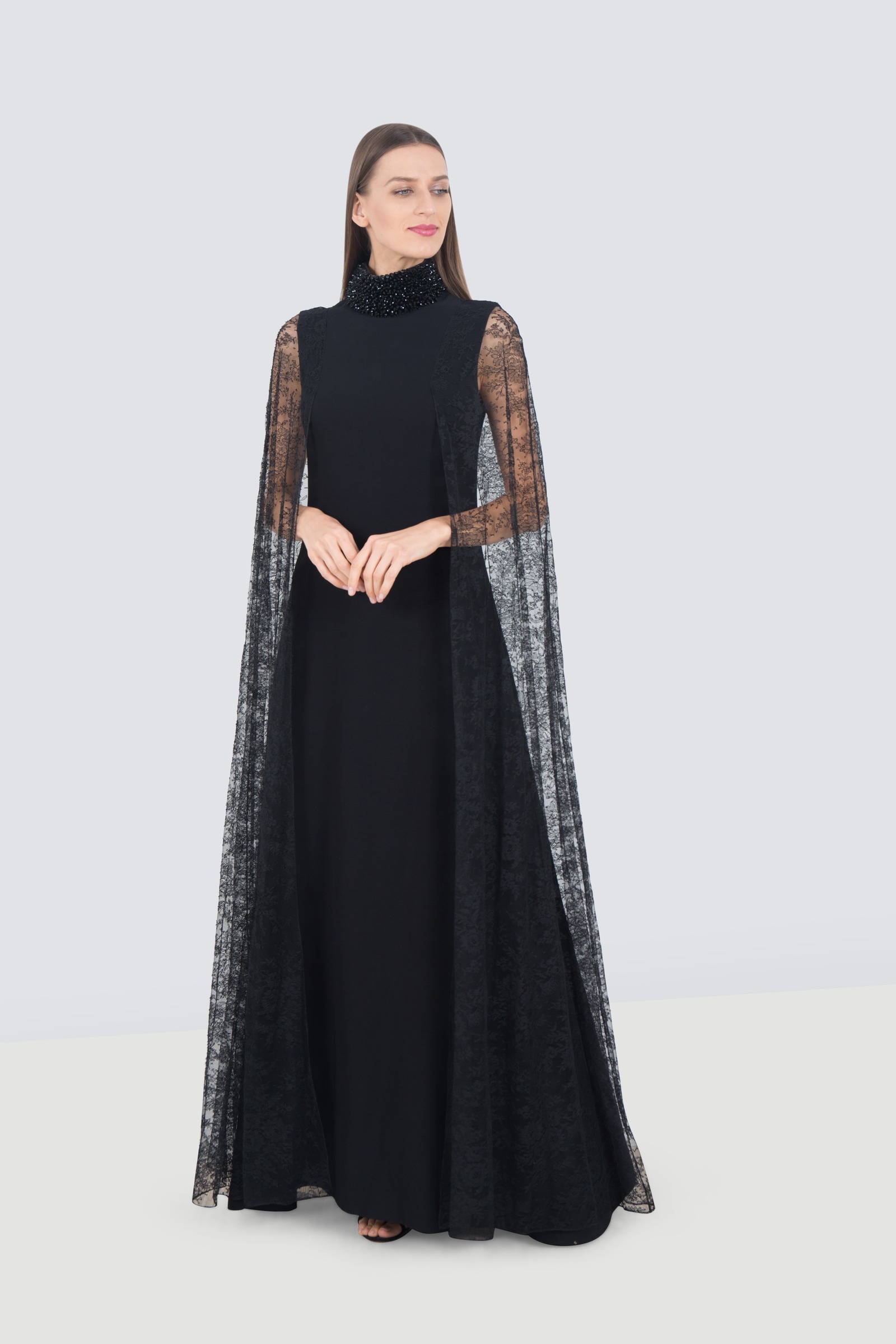 Rent GIVENCHY High Neck Lace Cape Sleeve Gown in Dubai - Designer 24