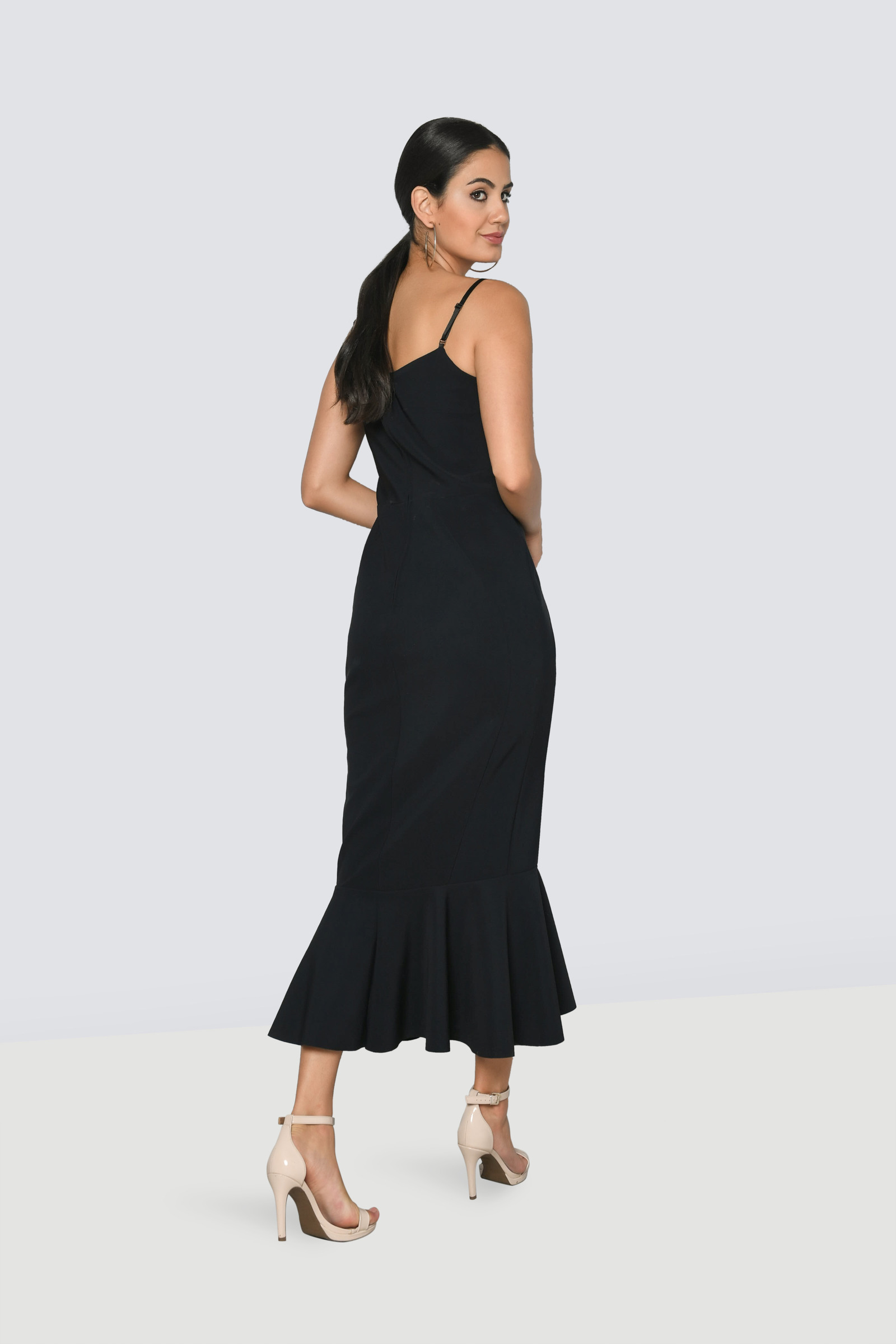 greta ruffle hem midi dress