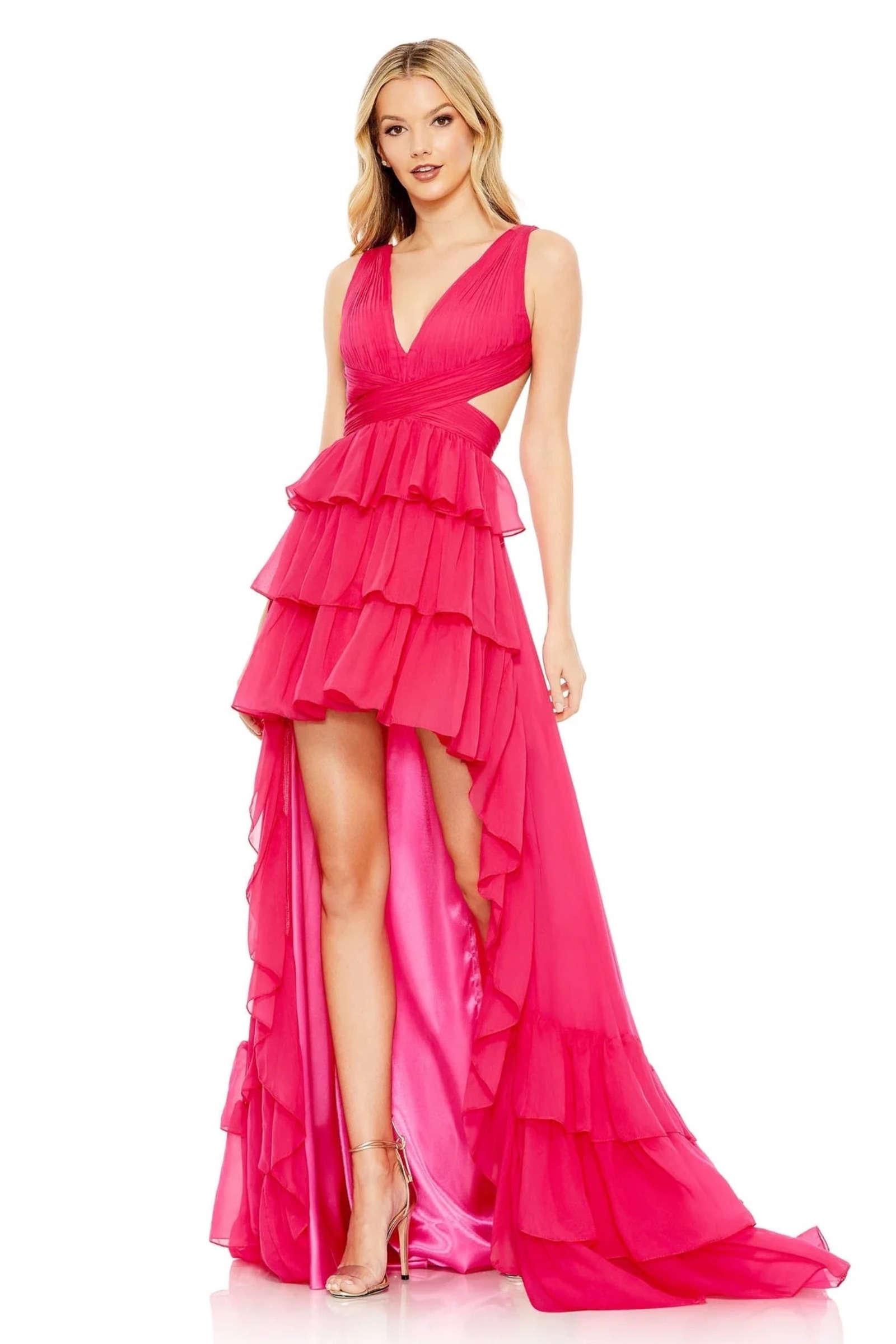 Mac Duggal Prom Pink/Black Face Print store Ruffle Strapless Dress