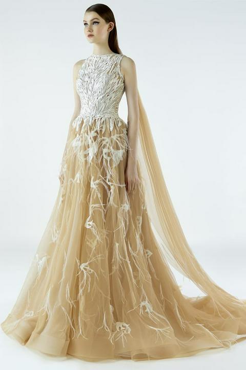 NAJA SAADE Sleeveless HighNeck Feather Gown