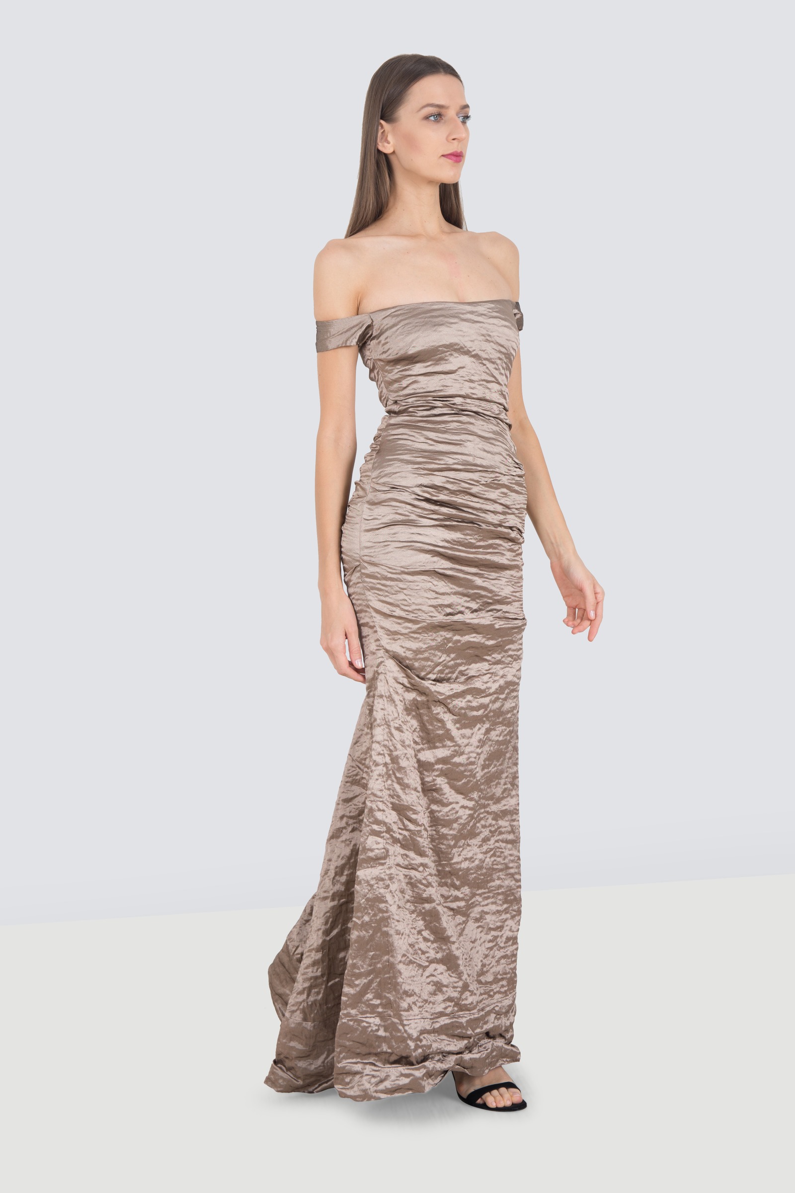 Rent NICOLE MILLER Crinkle Fabric Off Shoulder Gown in Dubai