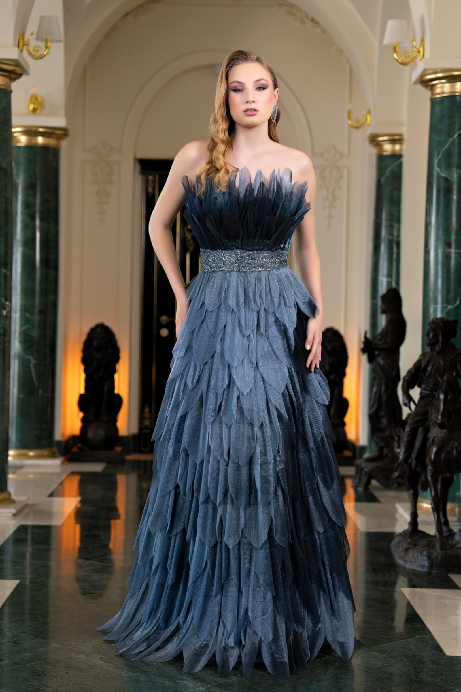 green emerald velvet dress Dubai Modest Elegant Blue Glitter Evening Gown 8 main image 1