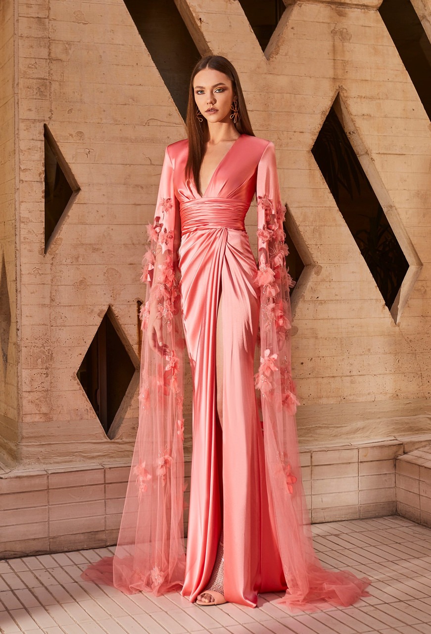 Rent TONY WARD Long Sleeve Satin Slit Dress in Dubai - Designer 24