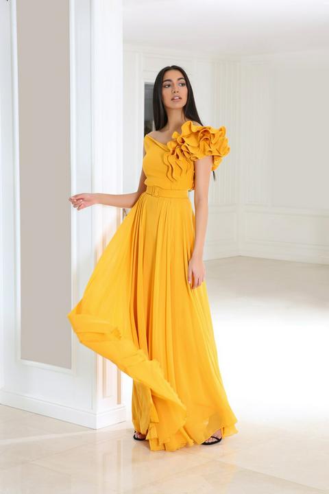 One shoulder hotsell ruffle gown